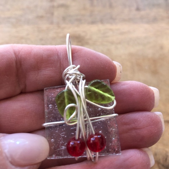 Sweet cherries, silver wrapped pendant, artisan-made & purchased at art festival - Picture 5 of 9